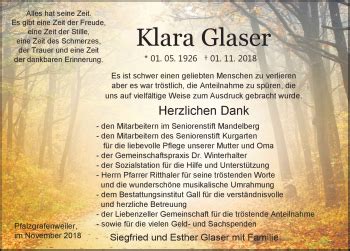 Traueranzeigen Von Klara Glaser Schwarzw Lder Bote Trauer