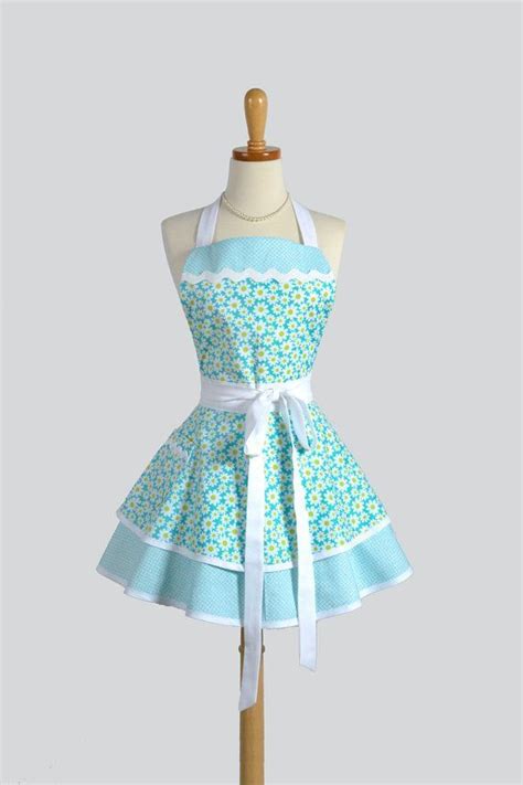 Vintage Apron Apron Ruffled Retro Apron Flirty Cute Apron Teal By