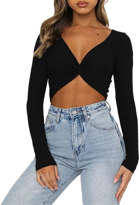 Crop Tops für Frauen Langarm Y2K Sexy Tiefer V Ausschnitt Vorne Offen