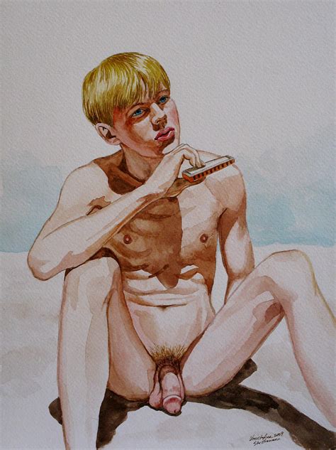 Nude Naked Male Blonde With Harmonica Painting By Christopher