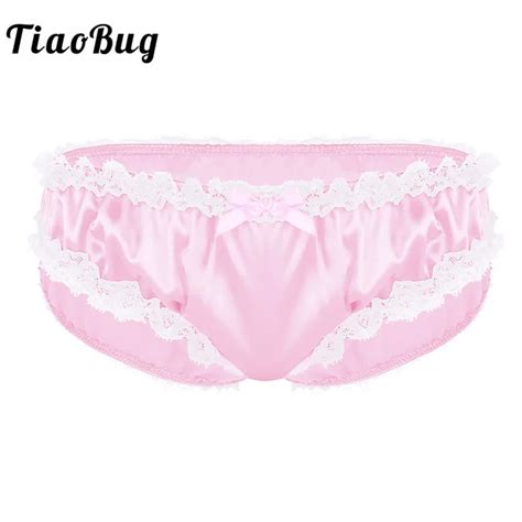 Tiaobug Men Lingerie Shiny Soft Satin Ruffle Lace Sissy Panties Low