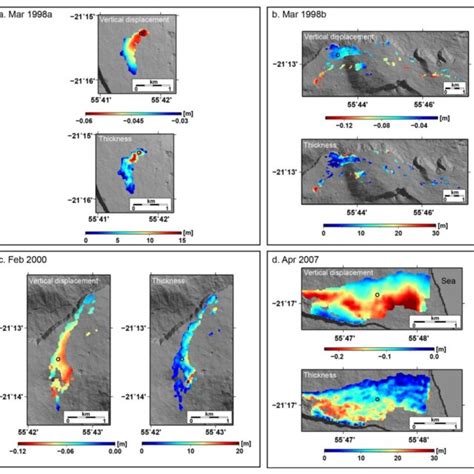 Cumulative U D Displacement And Thickness Maps For Four Lava Fields