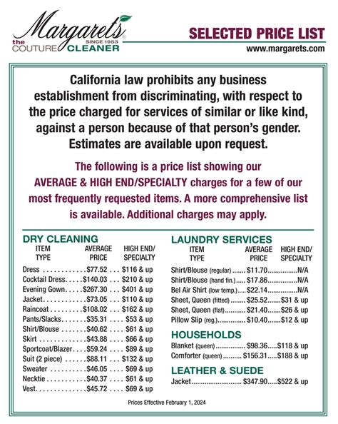 Margaret S Cleaning Average High End Price List Margarets Cleaners