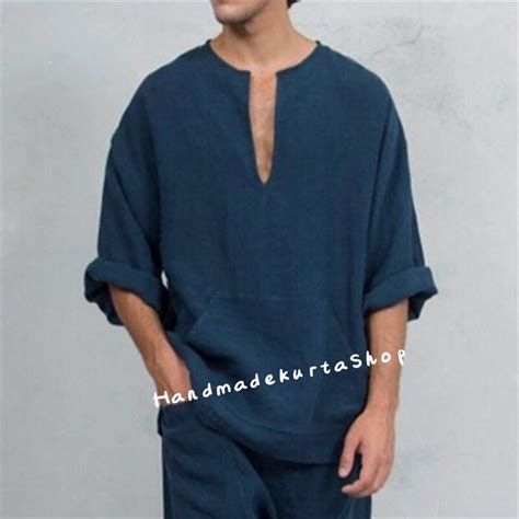 Men's Linen Shirt Summer Shirt Casual Shirt Blue Color Long Sleeve ...