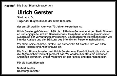 Traueranzeigen Von Ulrich Gerster Schwaebische De Trauerportal