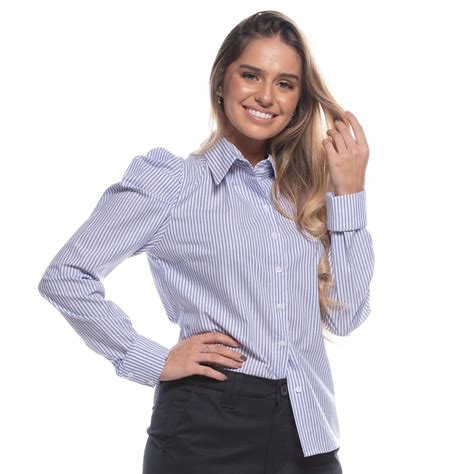 Camisa O Feminina Listrada Algod O Manga Bufante Azul Teodoro