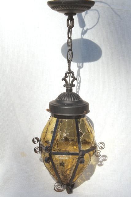 Vintage Hanging Lamp W Amber Glass Shade Wrought Iron Lantern Pendant