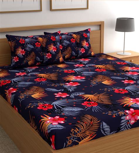 Buy Blue Floral Tc Microfiber Double Queen Bedsheet With Pillow