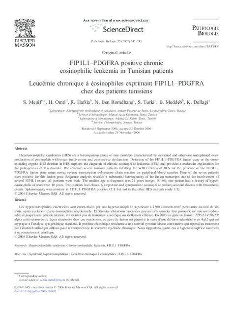 Pdf Fip1l1pdgfra Positive Chronic Eosinophilic Leukemia In Tunisian