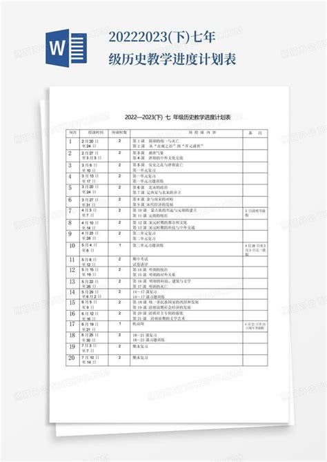 2022 2023下七年级历史教学进度计划表 Word模板下载编号lmngnrey熊猫办公