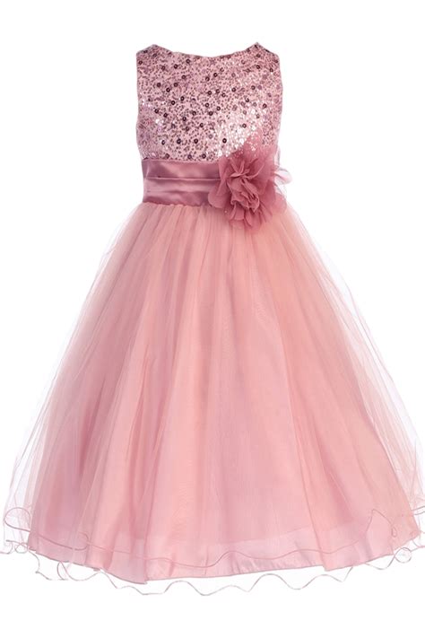 Dusty Rose Sequins Satin And Layered Mesh Formal Dress With 2 Ruffle