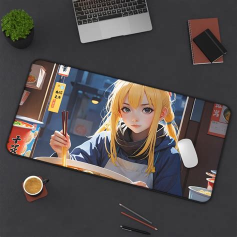 Kawaii Anime Girl Eating Ramen Desk Mat Cute Neoprene Workstation