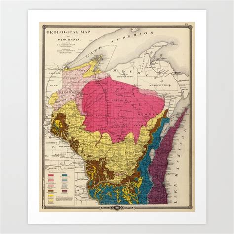 Vintage Wisconsin Geology Map (1878) Art Print by BravuraMedia | Society6