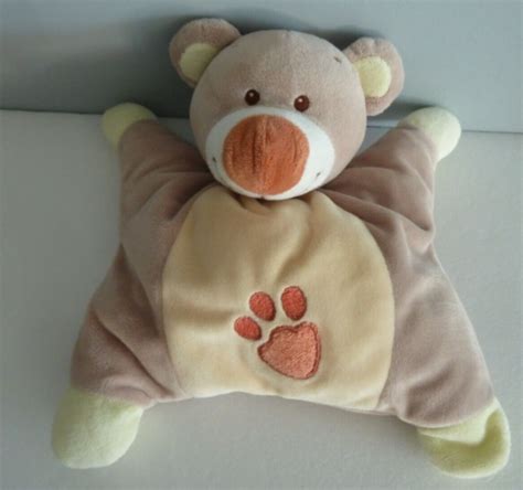 Doudou Coussin Nattou Ours Pol Beige Cru Empreinte Orange Grelot