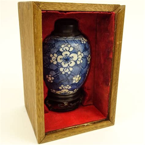 Antique Chinese Blue And White Porcelain Ginger Jar With Hardwood Lid And