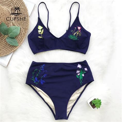 Aliexpress Buy Cupshe Dark Blue Flora Embroidery Bikini Set Women