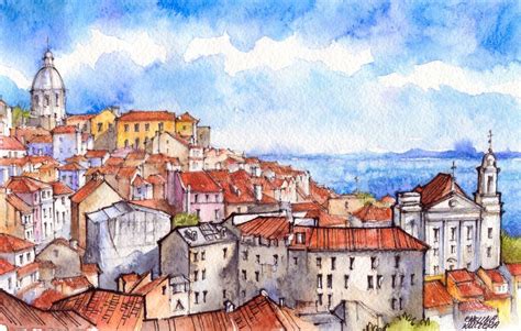 Lisbon Panorama Ink Watercolor Illustration Art Print By ArtByEwelina