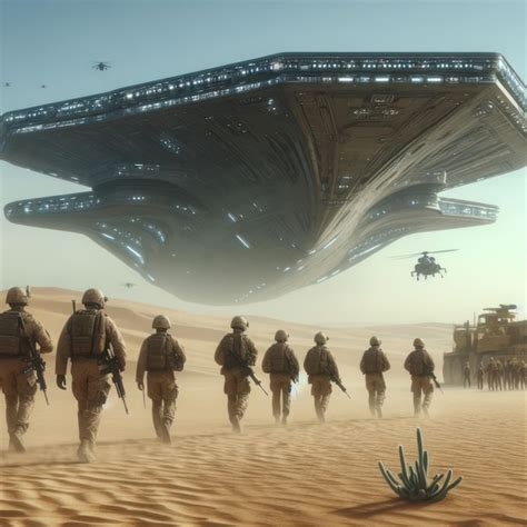 Premium Photo | An alien spaceship over the desert surrounded by an army