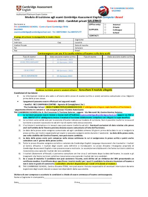 Fillable Online Modulo Di Iscrizione Agli Esami Cambridge Assessment