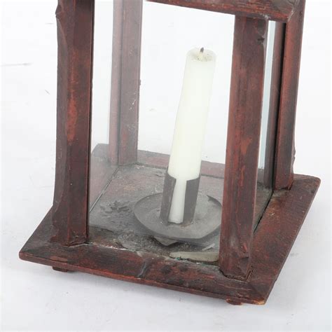 Lot Antique Early American Wooden Candle Lantern With Glass On Four