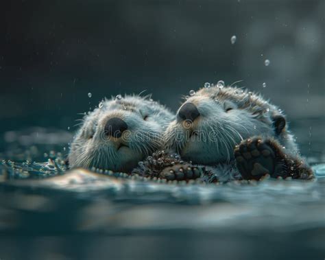 Pair Of Sea Otters Holding Hands While Floating Together In Aquatic