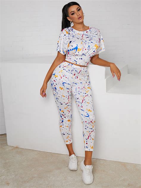 Lw Casual O Neck Graffiti Print White Two Piece Pants Set No