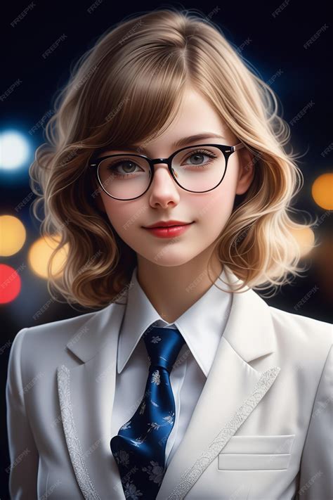 Premium Photo A Young European Pretty Girl In Suit And Glasses On A Night Background In