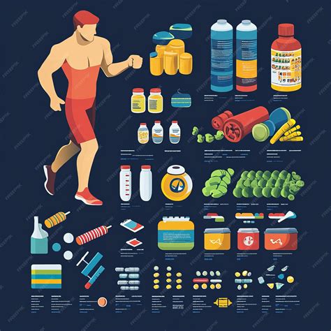 Colorful illustration of various sports supplements for athletes