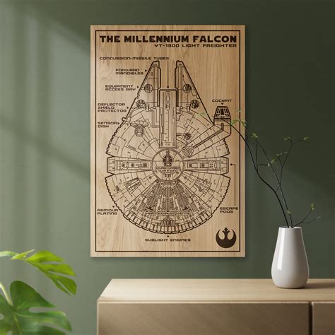 Millennium Falcon Blueprint, Oak Wood Print