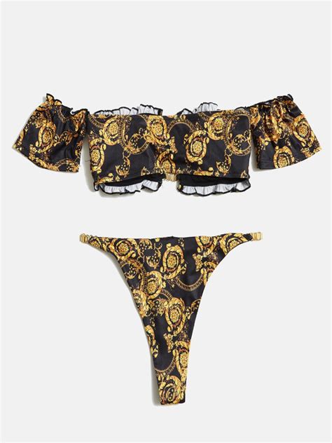 Emmiol Kostenloser Versand Vintage Barockdruck Bikini Set Gelb L