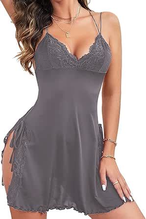 Hilinker Women S Lace V Neck Sleepwear Side Slit Nightgown Sexy Lingerie Mini Nightdress