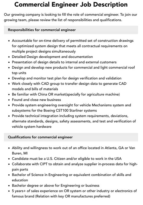 Commercial Engineer Job Description Velvet Jobs