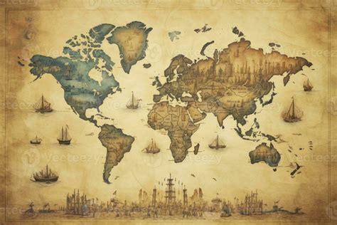 AI generated Great detailed illustration of the world map in vintage ...