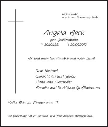 Traueranzeigen Von Angela Beck Trauer In Nrw De