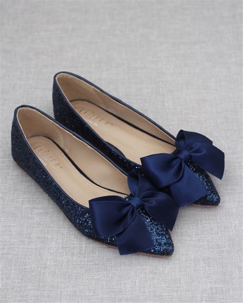 Navy Blue Rock Glitter Pointy Toe Flats With Oversized Satin Bow Fall