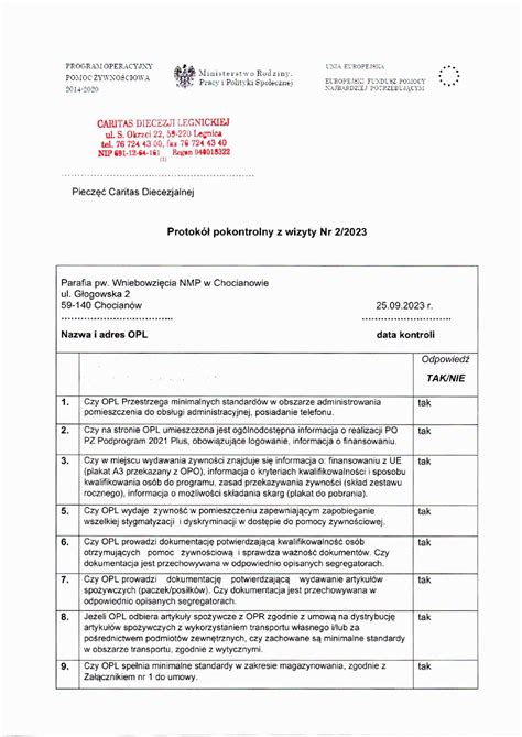 Protok Pokontrolny Caritas Parafia Pw Wniebowzi Cia Naj Wi Tszej