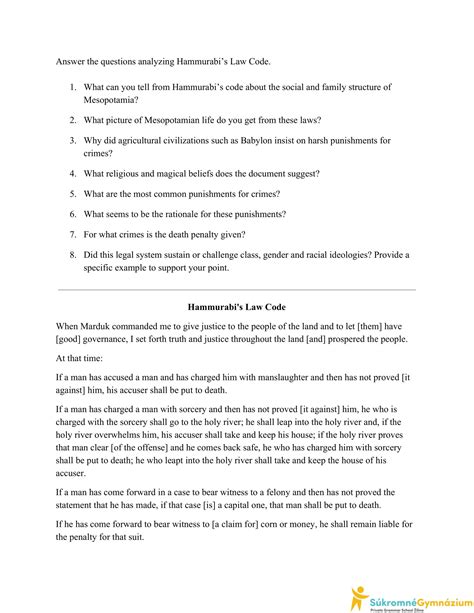 The Law Code Of Hammurabi Worksheet Answer