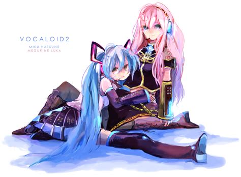 2girls Blue Hair Boots Hatsune Miku Long Hair Megurine Luka Pink Hair Skirt Thighhighs Twintails