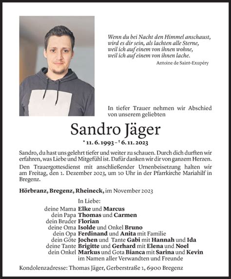 Todesanzeigen von Sandro Jäger Todesanzeigen Vorarlberger Nachrichten