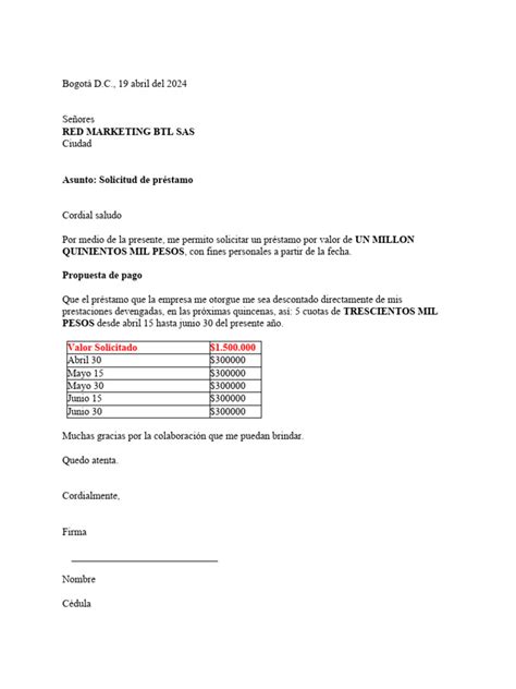 Formato Solicitud De Prestamo Pdf