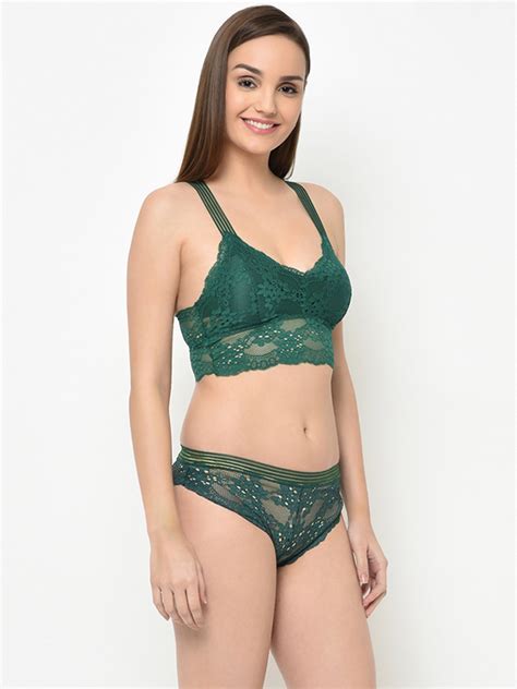 Buy Da Intimo Women Green Lace Lightly Padded Non Wired Styled Back Lingerie Set DI 1250