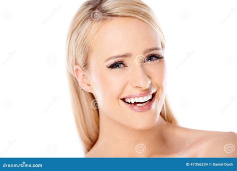 Close Up Happy Blond Woman Looking At Camera Stock Photo Image Of