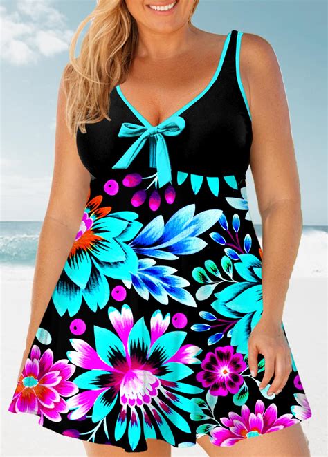 Rotita Plus Size Floral Print Bowknot Front Swimdress Top