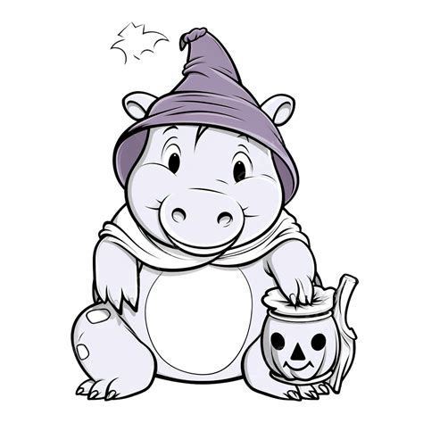 Desenho De Livro Para Colorir Com Um Hipopótamo Fofo Usando Fantasia Bruxa Halloween Png