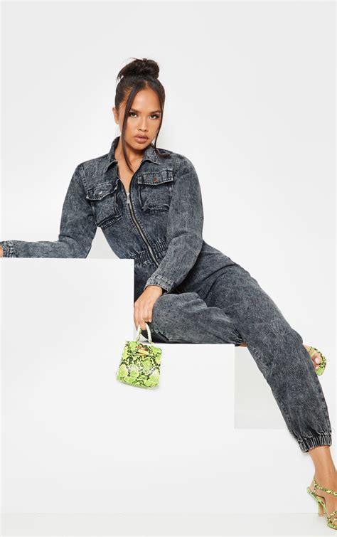 Black Acid Wash Zip Front Jumpsuit Denim Prettylittlething Usa