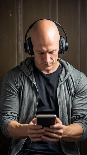 Premium Photo Bald Man Listening Music With Headphones Looking At