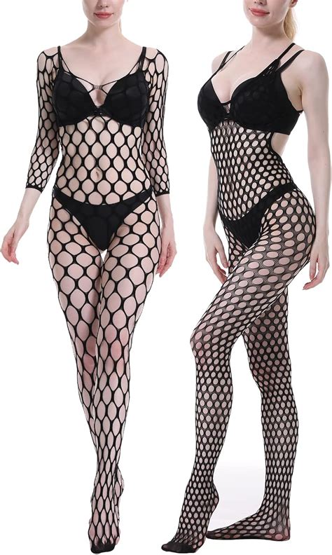 MANZI 2 Pieces Womens Sexy Fishnet Bodysuit Mesh Bodystockings One Piece Fishnet Lingerie