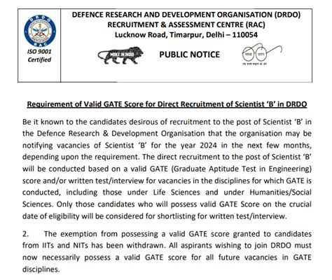 DRDO Recruitment Through GATE 2024 Date Application Form