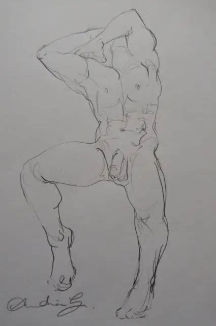 Expressive Pencil Sketch Drawing Front View Of A Seated Man Male Nude