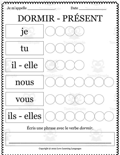 French: Dormir Present Tense Worksheet by Teach Simple